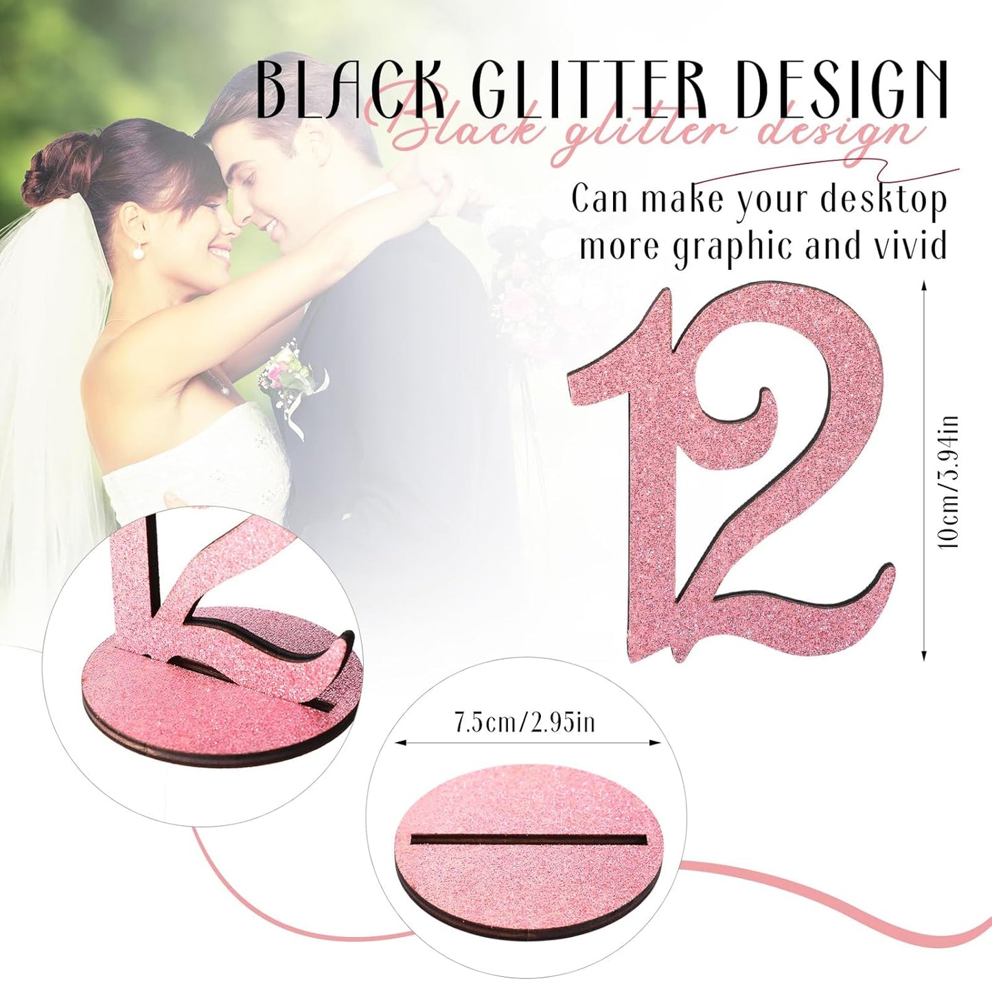 Glitter Table Numbers 1-25 Wooden Table Numbers for Wedding Reception Standing Seat Place Cards with Holder Base for Wedding Party Event Catering Receptions Banquets(Rose Gold)