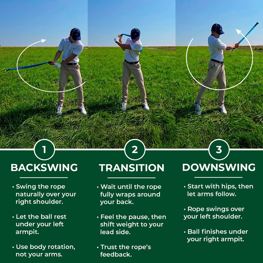 Golf Rope Swing Trainer – Weighted Rope with Yellow Ball, Improve Swing Speed, Tempo, Rhythm & Strength – Indoor/Outdoor Training Aid with Manual, Bag – for Men & Women