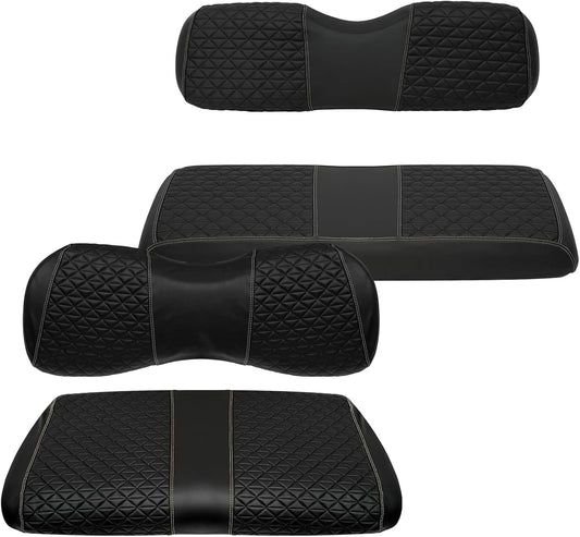 XUANYUDG0769 Golf Cart Front and Rear Seat Covers for EZGO TXT/RXV Club Car DS/Precedent Yamaha G29, Vinyl Leather Made/Adjustable Straps and Retractable Buckle/No Stapler Required,4PCS