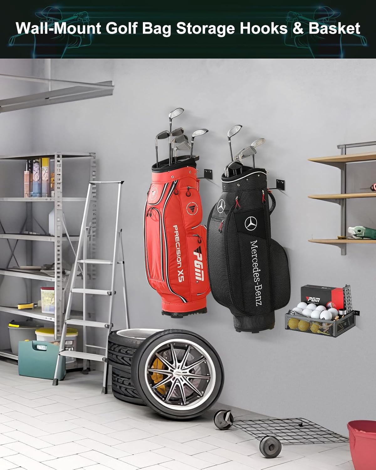 Golf Bag Wall Mount: Golf Bag Storage Rack, Golf Bag Holder for Garage, Heavy Duty Hanger Holds 2 Golf Bags