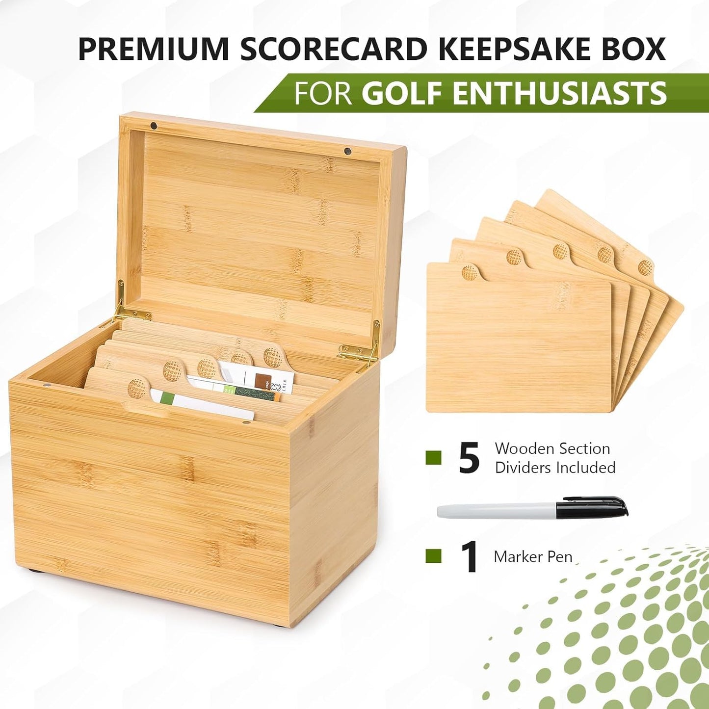 Golf Storage Box Golf Gifts - Golf Scorecard Collection Box with 5 Wooden Dividers - Golf Organizer for Scorecards, Photos, Keepsakes; Fathers Day Dad Gifts for Men from Wife (Yellow)