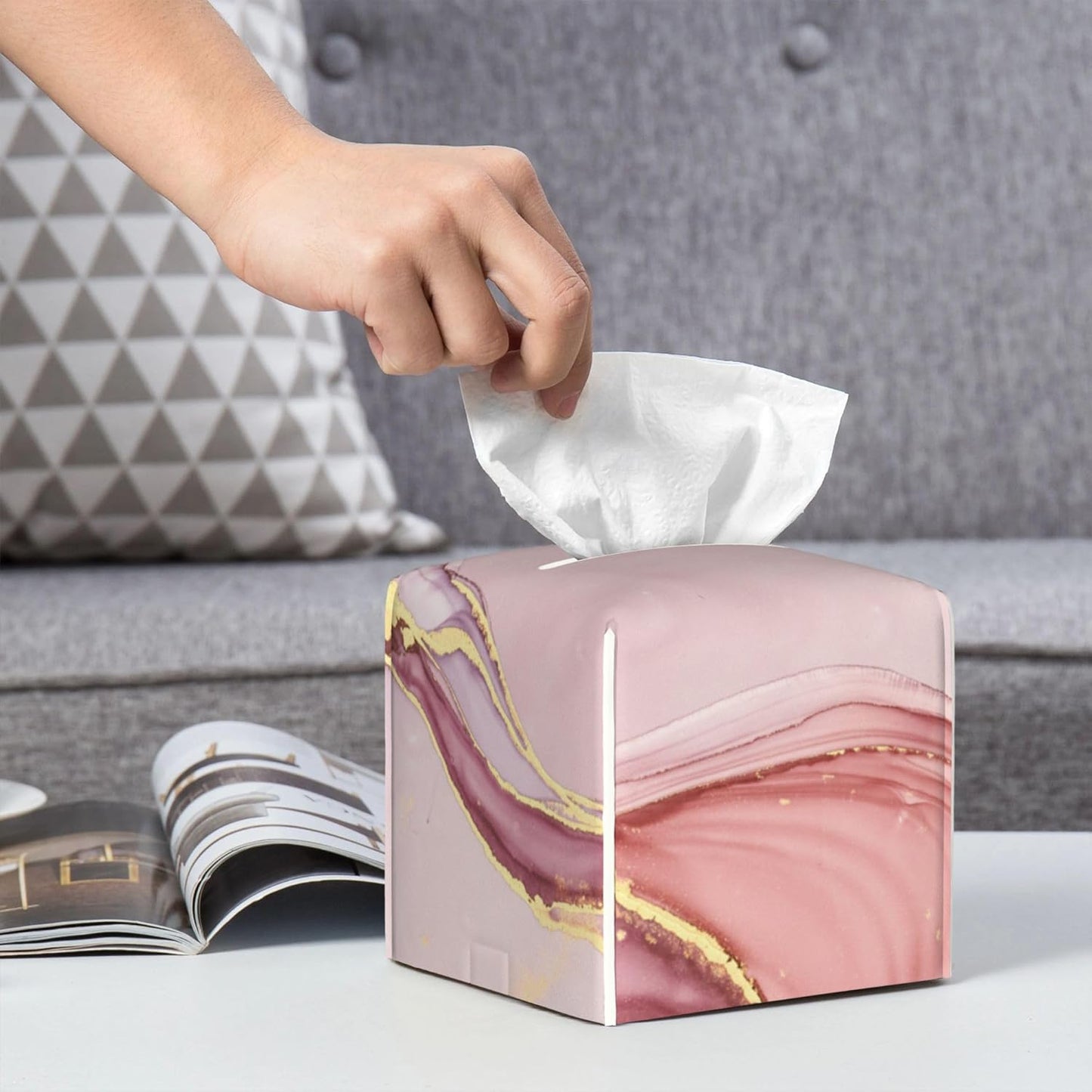 Tissue Box Cover Square, Pink Golden Liquid Marble Leather Tissue Box Holder Decorative Organizer for Bathroom, Home Office Car Decor