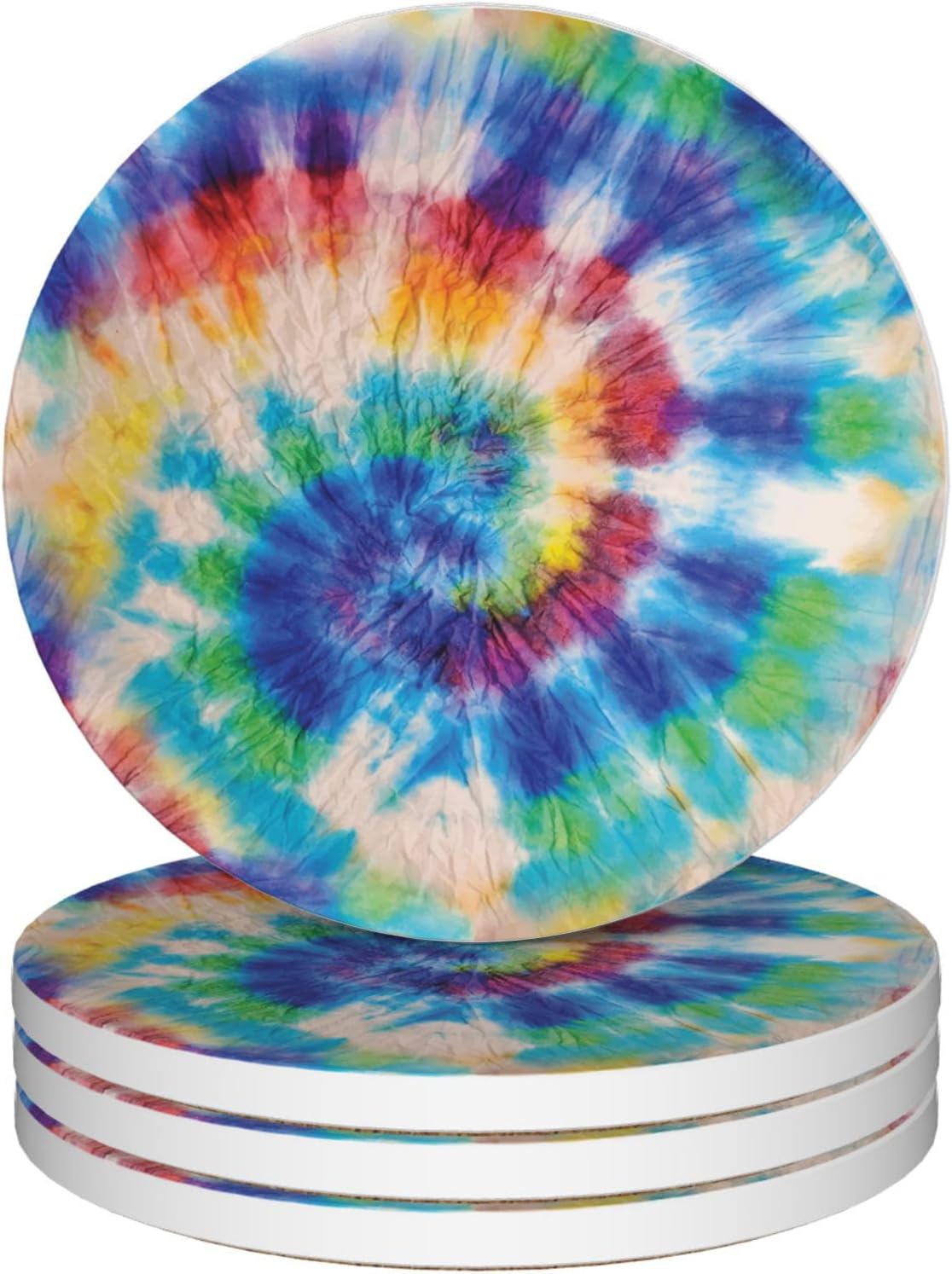 Drinks Coasters Set of 4, Rainbow Tie-Dye Round 4" Cup Coasters, Absorbent Ceramic Stone Coasters with Cork Base, Cute Coasters for Table Home Décor, Ideal Gifts for Women Men