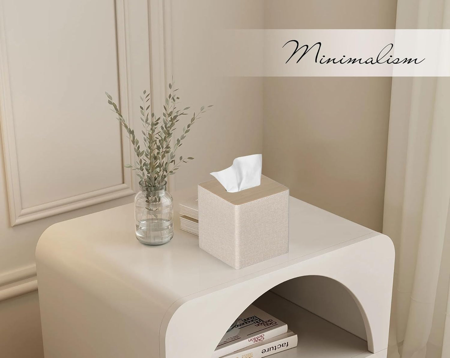 Tissue Box Cover Square PU Leather Facial Tissue Box Holder for Dresser Bathroom Decor (Beige)