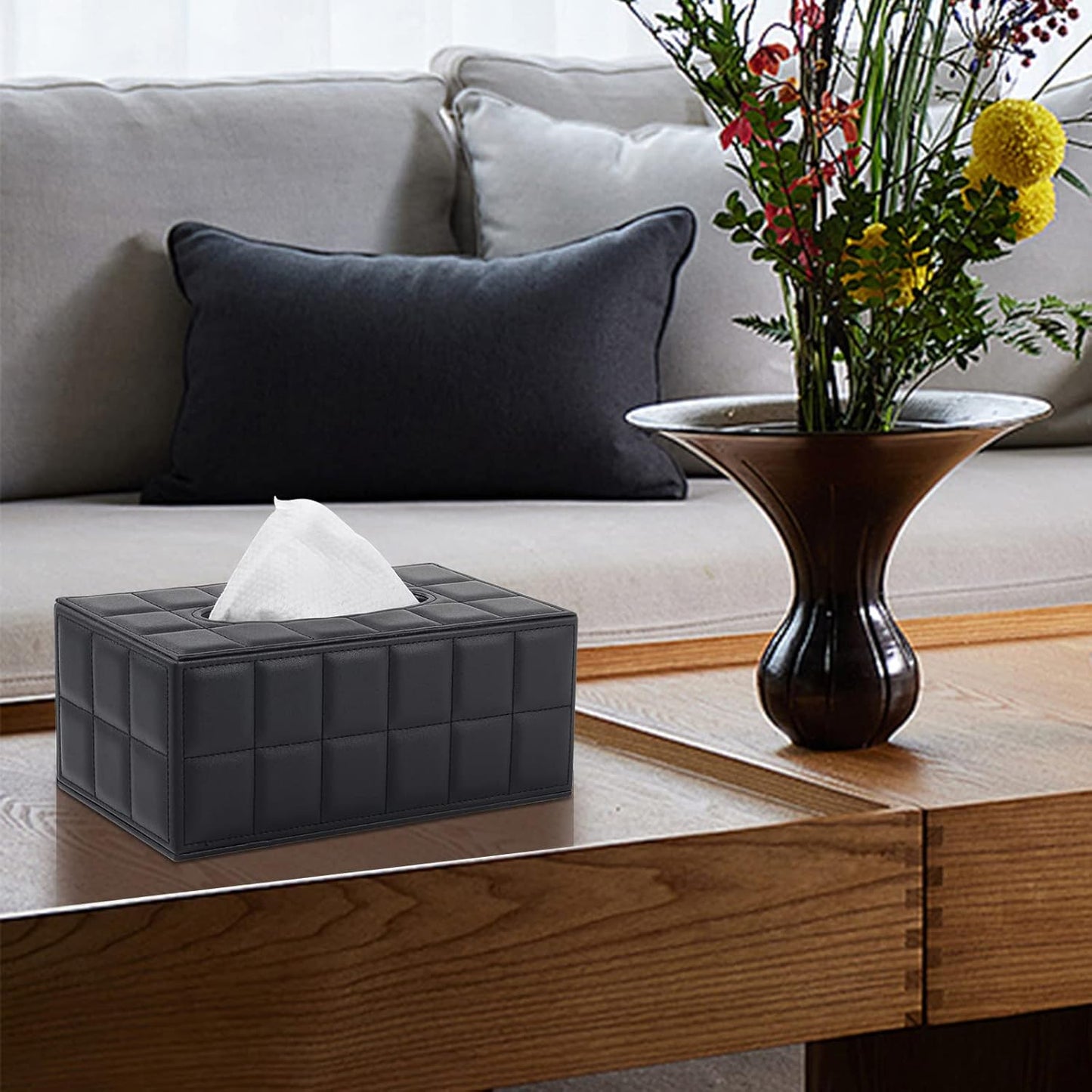 Tissue Box Cover Rectangle Tissue Box Holder PU Leather Facial Organizer with Magnetic Bottom,Decorative Napkin Caddy for Vanity Dresser Night Stand Table Countertop Home Office Car,Black