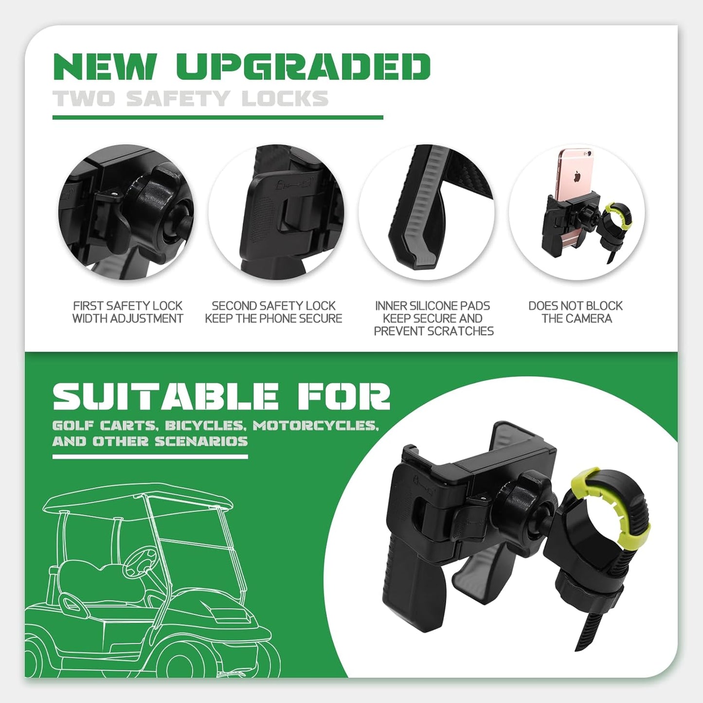 Golf Cart Phone Holder for EZGO Club Car Yamaha, Widely Use for Golf Push Cart Motorcycle Bike Treadmill Scooter Phone Mount, Compatible with iPhone/Samsung/Pixel All Phones, Golf Cart Accessories