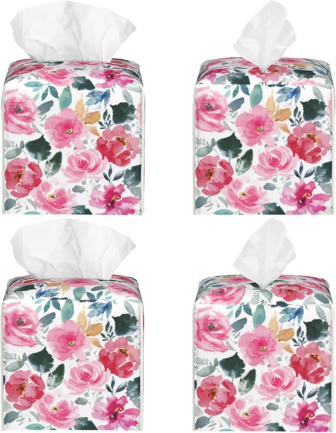Pink Flowers and Green Leaves Tissue Box Cover Square,Abstract Watercolor Floral Tissue Box Holder Waterproof Leather Facial Paper Organizer Dispenser for Bathroom Home Car Nightstand Vanity Desk