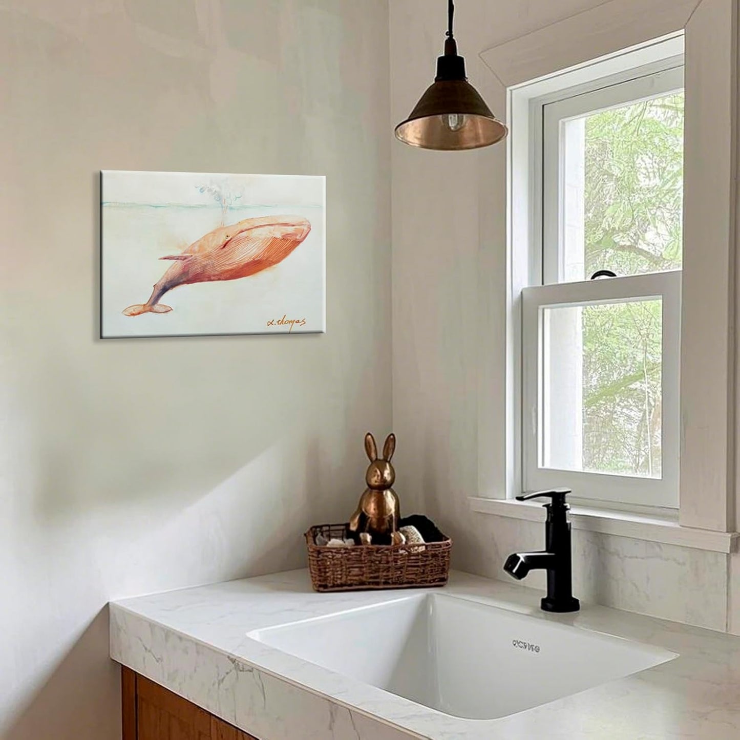 JZLDZS Pink Whale Wall Art Coastal Bathroom Decor Framed Nautical Pictures Ocean Animal Canvas Painting Print for Bedroom Nursery, 12x16 Inch