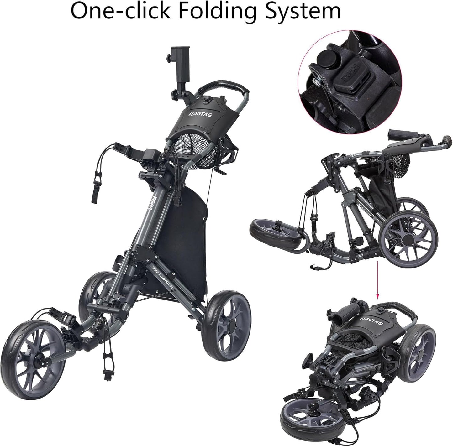 Golf Push Cart 3 Wheel,Foldable Golf Push Cart,Golf Bag Cart with Foot Brake,Umbrella Holder, Cup Holder, Storage Compartment