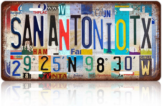 Vintage City License Plate San Antonio,Tx Wall Decor Metal Tin Sign for Bar Home Bedroom 12 x 6 Inches （Including latitude and longitude）