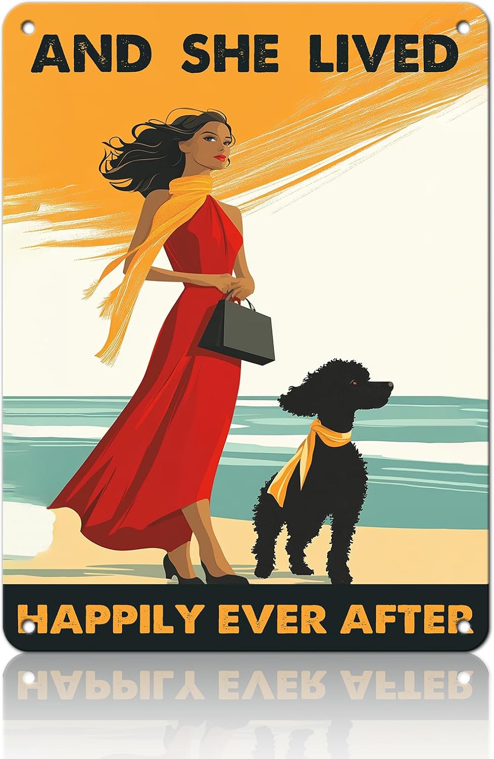 Vintage Tin Sign Metal Poster Plaque Poodle Girl and She Lived Happily Ever After Dog Metal Sign Iron Painting Retro Wall Decor Poster for Home Hotel Cafes 12x16 Inch