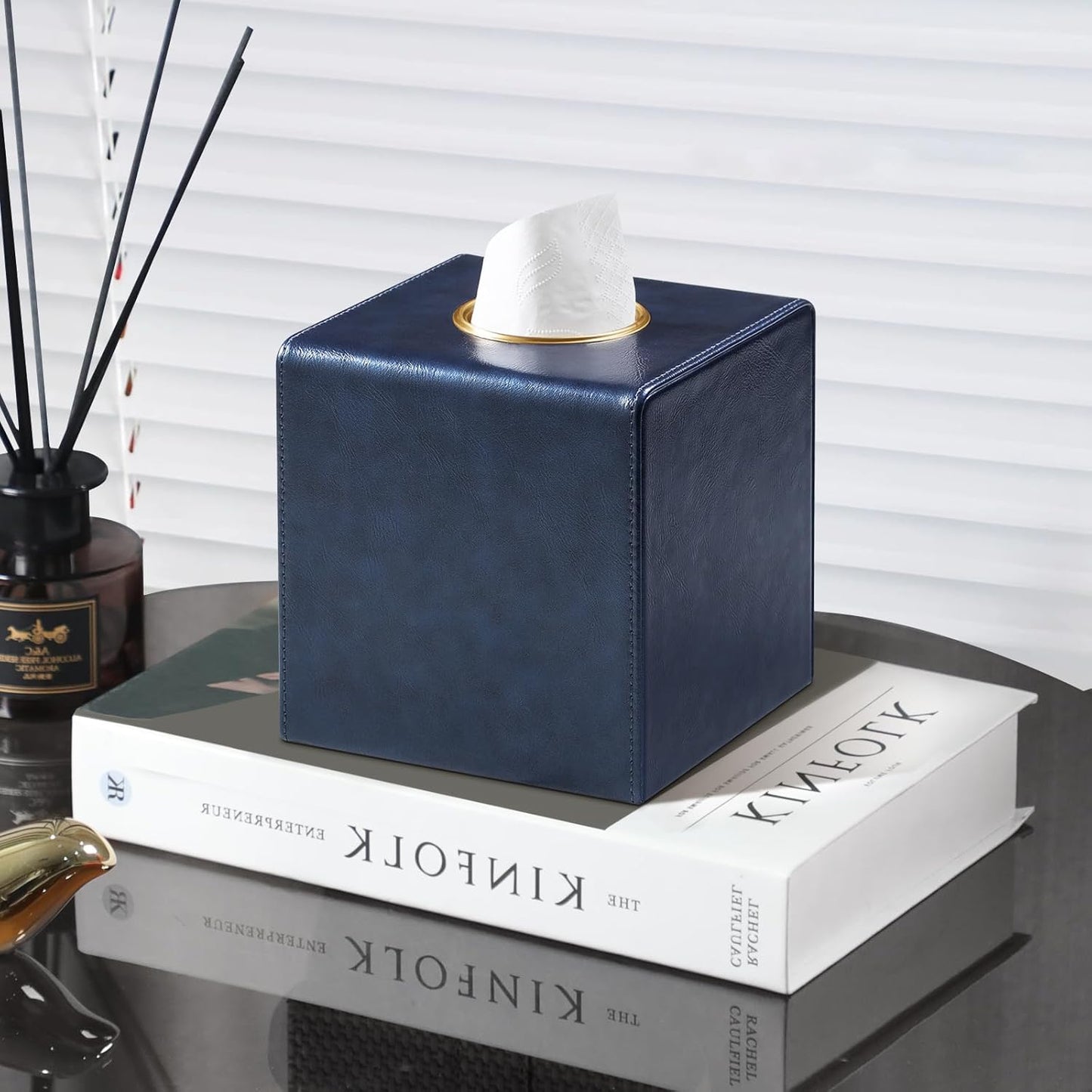 Square Tissue Box Cover, Luxury PU Leather Tissue Holder with Magnetic Closure (Navy Blue)