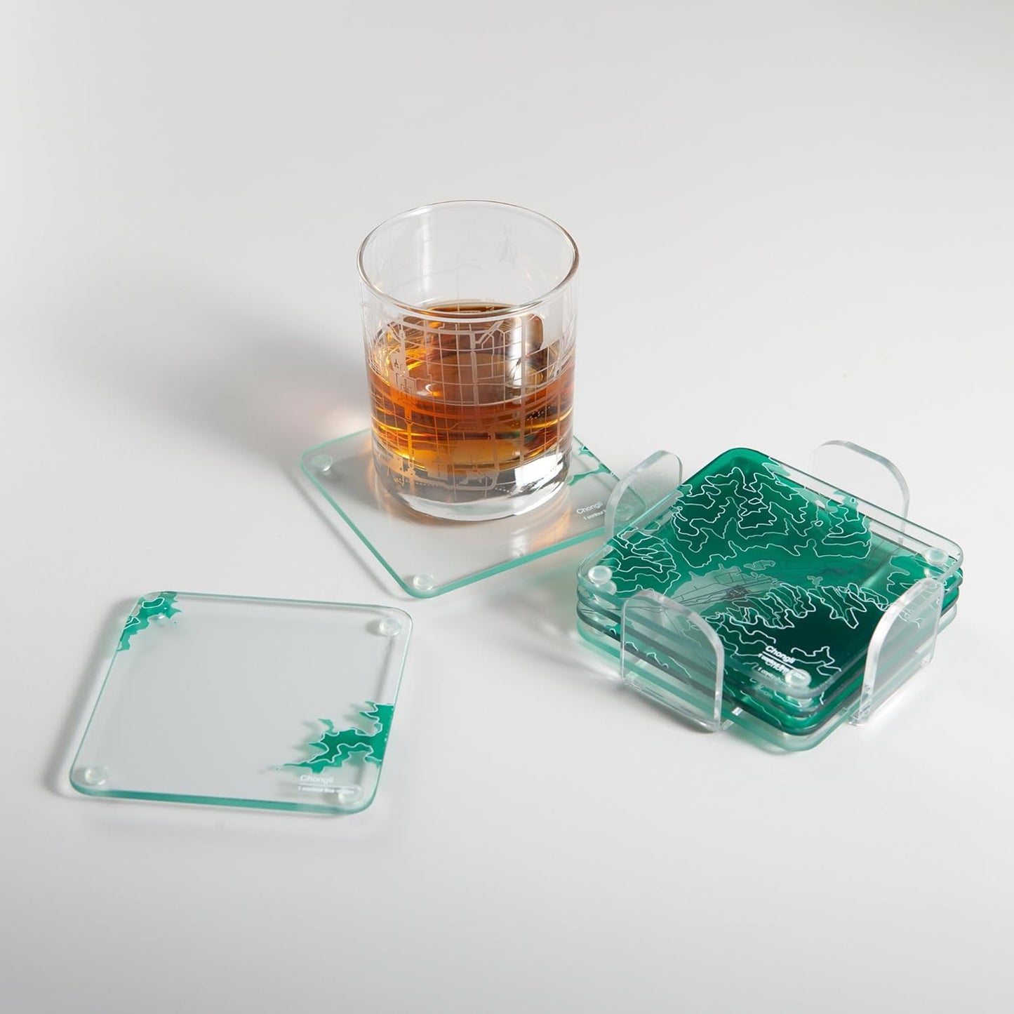 Chongli, HB 3D Contour Map Glass Drink Coasters of Mountains, Ski Resort, Set of 6 with Holder, Housewarming Birthday Gifts, Home Decor