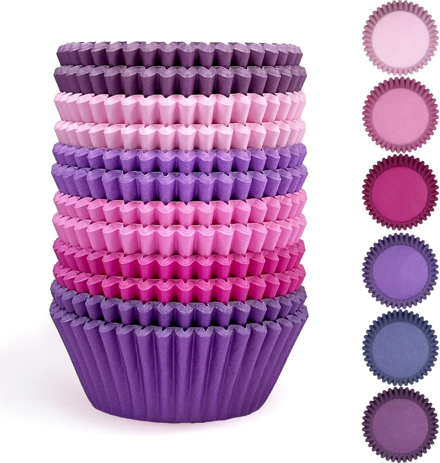 qiqee 300 Counts Cupcake Liners Cupcake Cups Food Grade 6 Solid Pink Purple Colors Cupcake Papers Muffin Baking Cups Cupcake Wrappers (Standard Size)