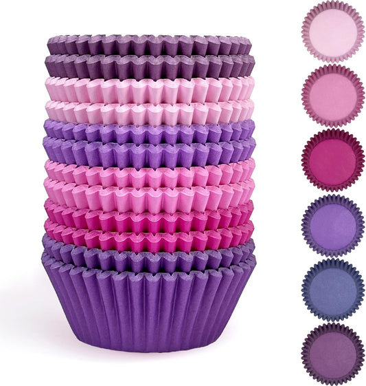 qiqee 300 Counts Cupcake Liners Cupcake Cups Food Grade 6 Solid Pink Purple Colors Cupcake Papers Muffin Baking Cups Cupcake Wrappers (Standard Size)