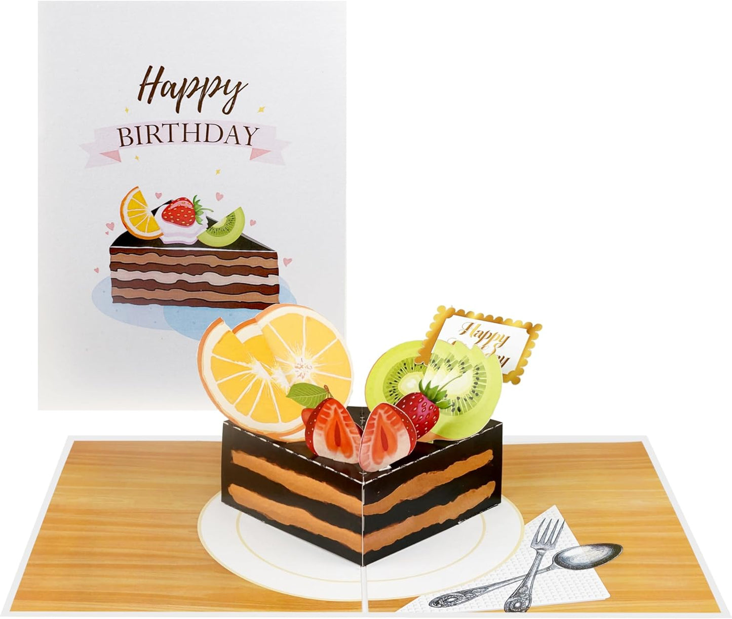 iGifts And Cards Birthday Cake Pop-Up Greeting Card – Fun, Belated, Gender Neutral Birthday Card, Layered Cake Slice with Fork, Includes Envelope & Notecard, 6” x 8”