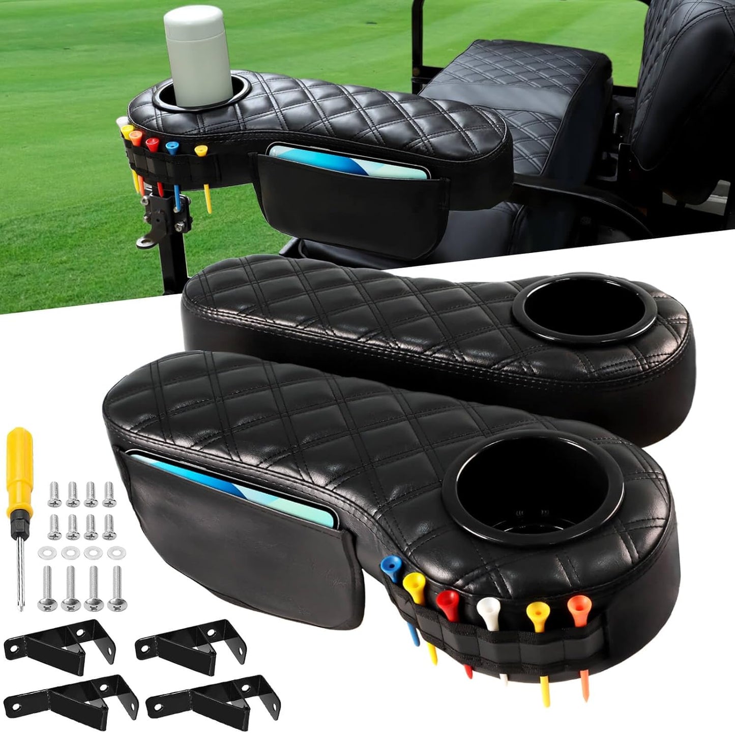 MOSNAI Golf Cart Armrest with Cup Holder for Club Car EZGO Yamaha Rear Seat 1-Inch Square Tube, Upgrade Golf Cart Armrest with Phone Storage Pouch, Upgrade Support Frame, Better Load Bearing