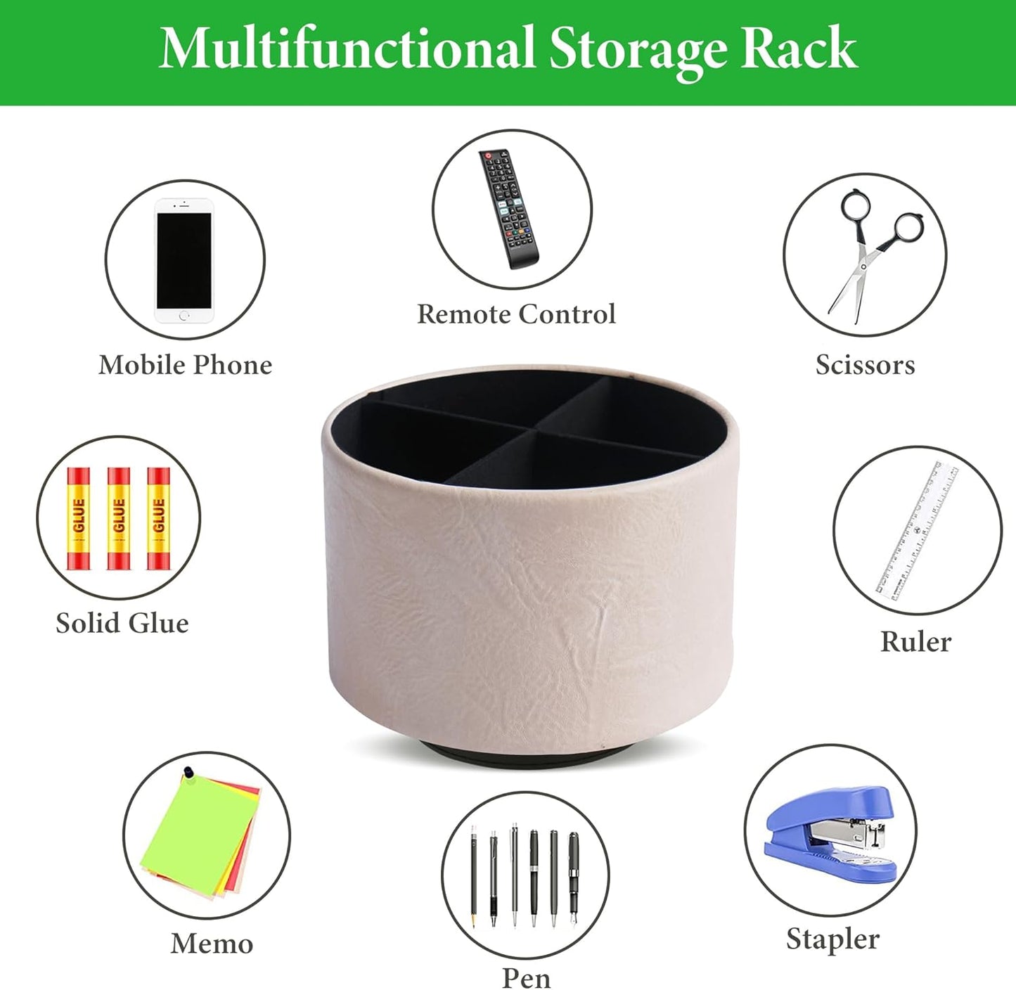 Hennaja Round Leather Art Supply Organizer,Remote Control Holder,360 Degree Spinning,Multi-Functional Pencil Holder,4 Compartments Desktop Stationary Organizer(1-Crazy White)