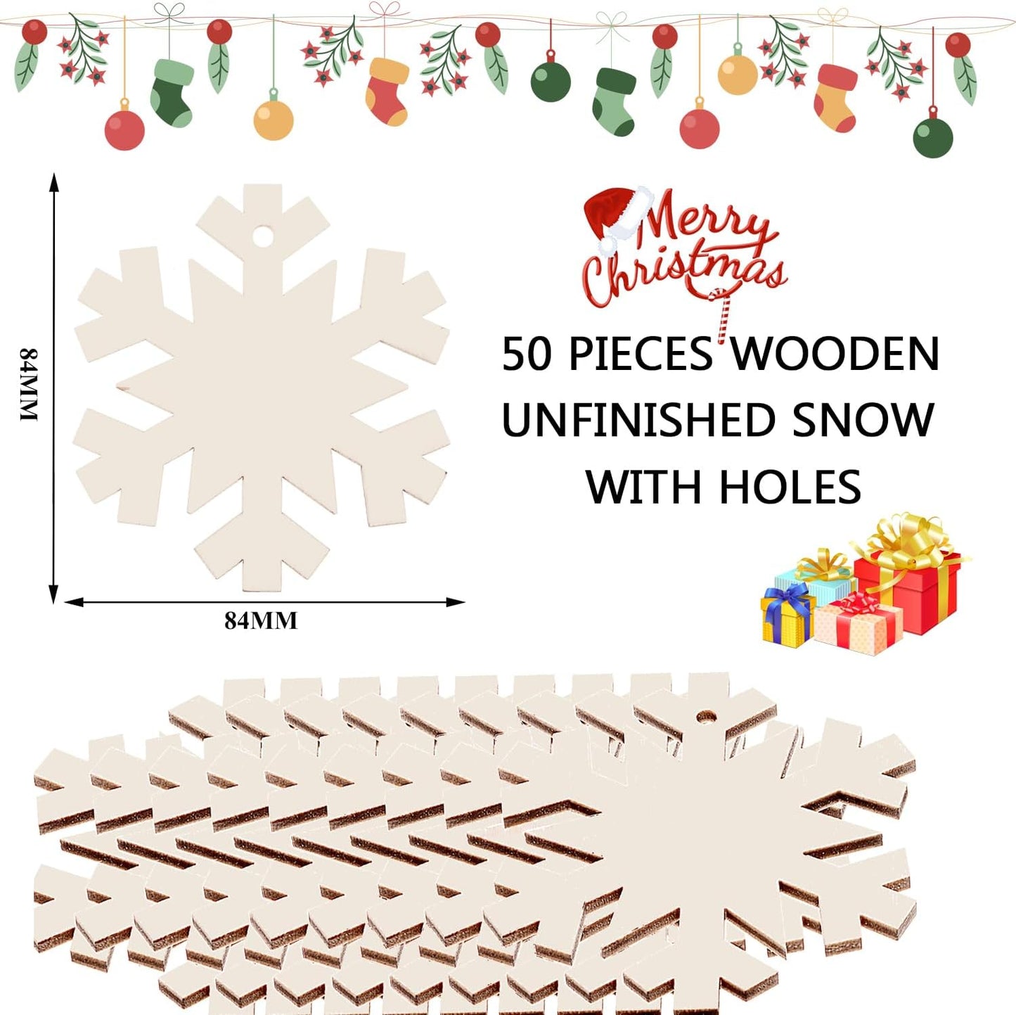 50PCS Unfinished Wood kit with Holes, Wood Slice for DIY Crafts, Blank Snow Wood Cutouts Wooden Tags Ornaments for Sign Gift Tags, Christmas Decorations Indoor Outdoor Decor (Snowflake Shape)