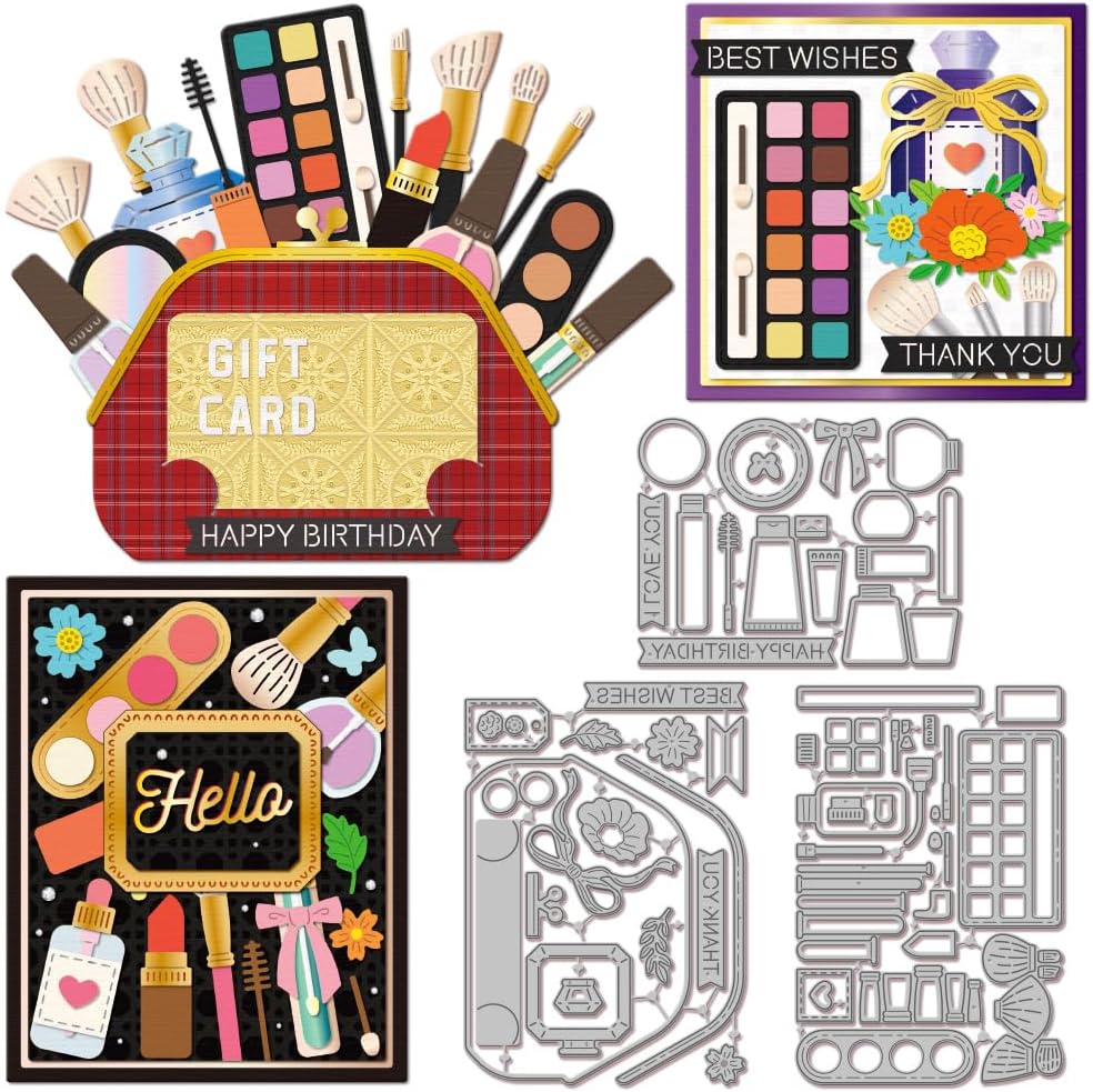 GLOBLELAND Cosmetic Bag Gift Card Holder Cutting Dies for DIY Scrapbooking Makeup Lipstick Brush Eyeshadow Cut Dies for Card Making Embossing Photo Album Craft Decor
