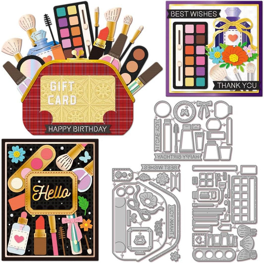 GLOBLELAND Cosmetic Bag Gift Card Holder Cutting Dies for DIY Scrapbooking Makeup Lipstick Brush Eyeshadow Cut Dies for Card Making Embossing Photo Album Craft Decor