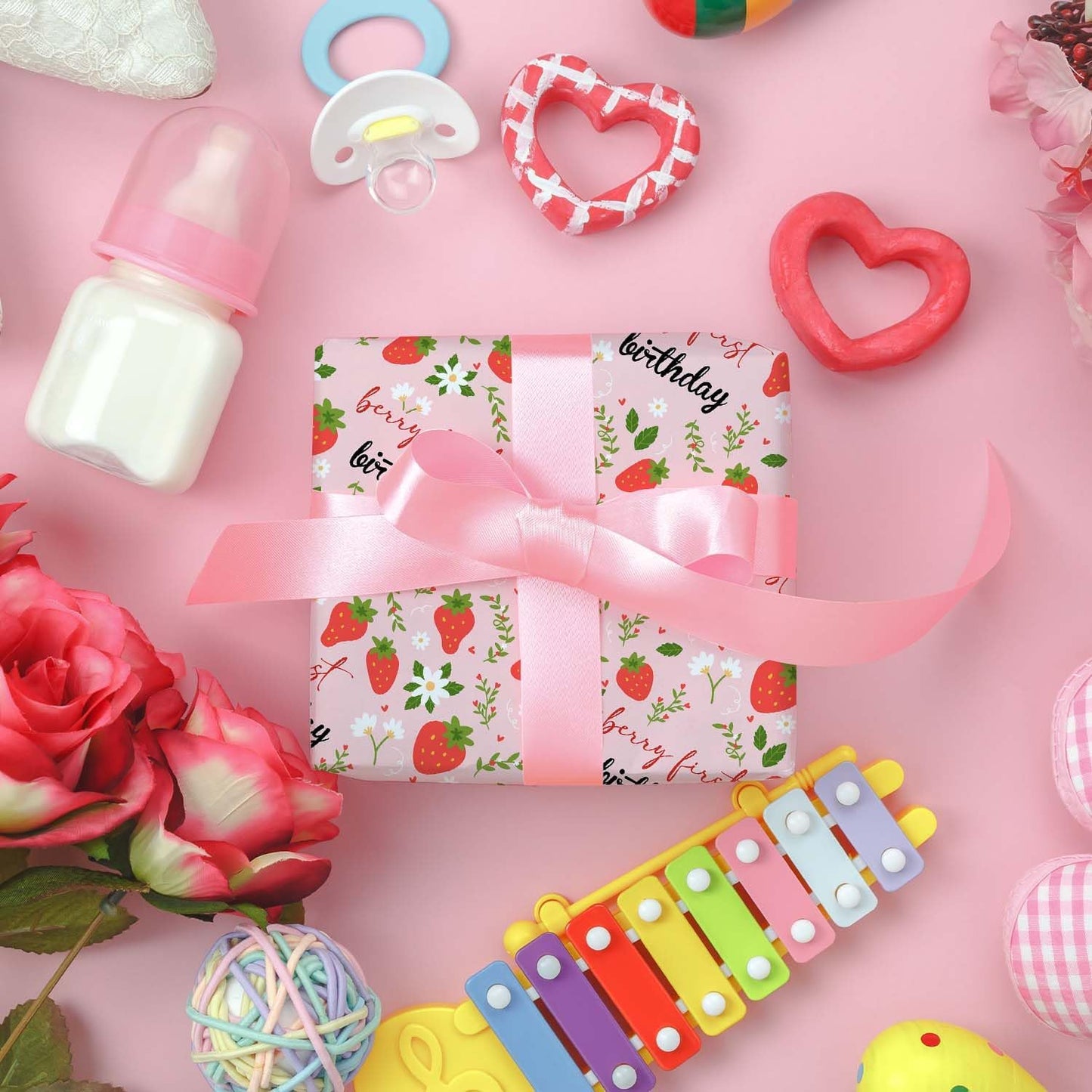 MJSXY Strawberry Wrapping Paper for 1st Birthday, Girl Birthday Wrapping Papers for Gift Bags, 5 Sheets 19.6x27.5 Inch Gift Wrap with Cute Strawberry Pattern, Baby Shower Party Supplies Decorations