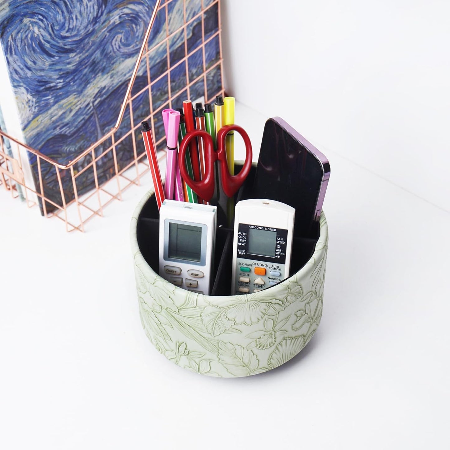 Hennaja Round Leather Art Supply Organizer,Remote Control Holder,360 Degree Spinning,Multi-Functional Pencil Holder,4 Compartments Desktop Stationary Organizer(1-Carved Green)