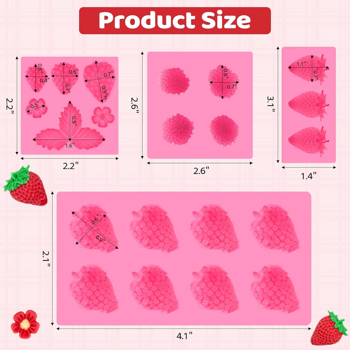 4 Pcs Strawberry Silicone Fondant Molds for Chocolate, 3D Fruit Shaped Molds for Shortcake Cupcake Decoration, Candles, Clay, Wax Making