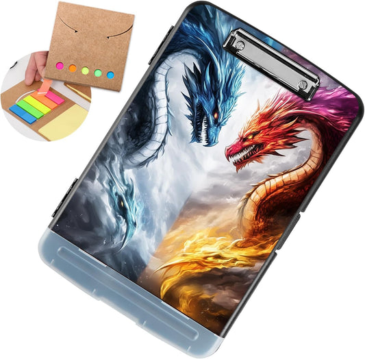 Clipboard with Storage - Large Capacity,Nursing Clipboard with Pen Holder,Heavy Duty,Plastic Side-Opening Folder for Teacher,Nurse - Blue Red Dragon