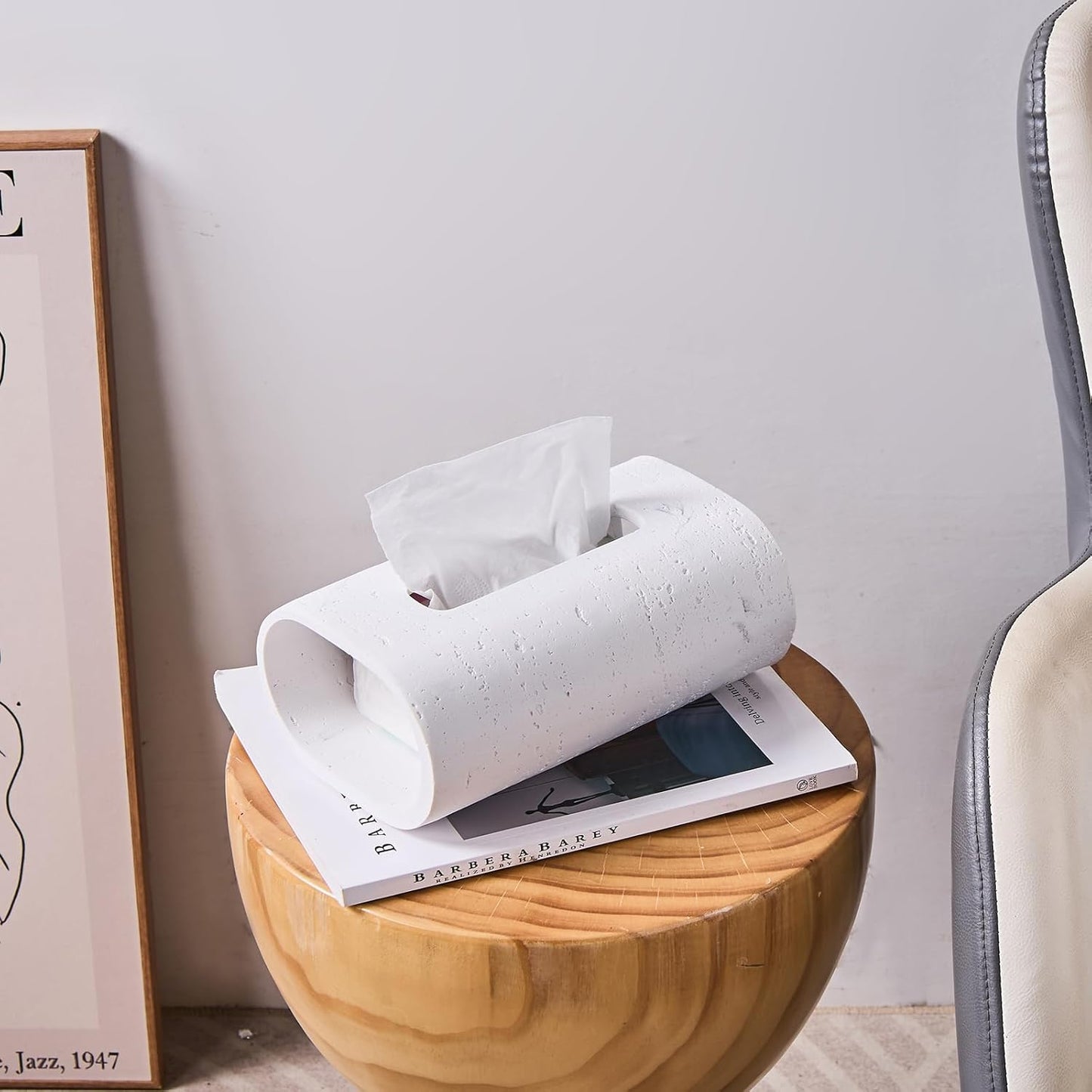 Natural Travertine Textures Tissue Box Holder Rectangle, Resin Facial Tissue Holder Cover, Decorative Bulk Tissue Paper Dispenser for Bathroom Kitchen Bedroom Living Room Office (White)