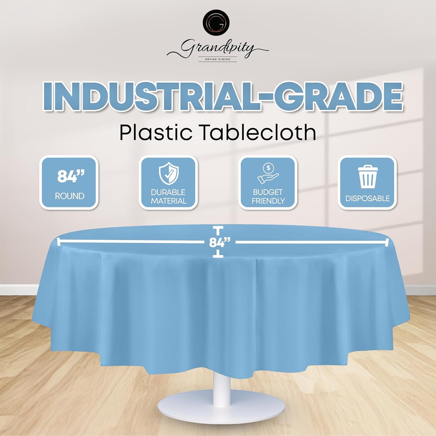 Grandipity 12 Pack Premium Disposable Plastic Tablecloth 84" Inch Decorative Round Table Cover - Sky Blue