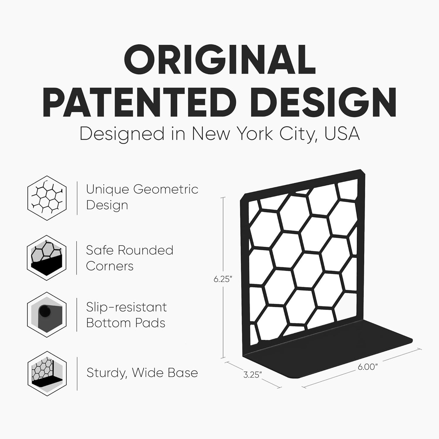 GEOMOD Geometric Honeycomb Black Metal Bookends Decorative - Tall Sturdy Book Ends for Shelves - Modern Heavy Duty Bookend Stopper - Office or Home Book Shelf Book Holder - 6x3.25x6.25 Inches - 2 Pair