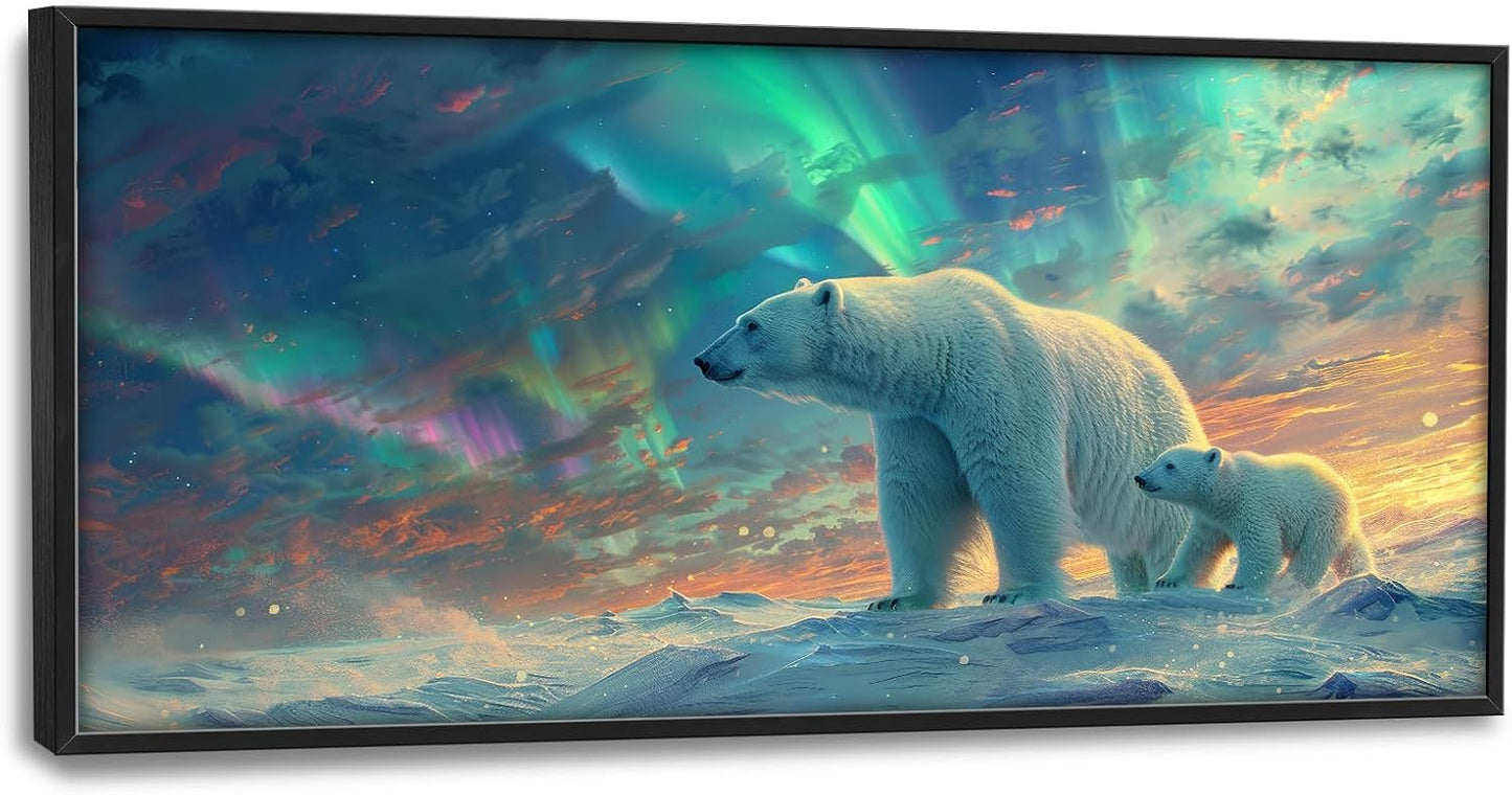 Large Polar Bear Framed Wall Art for Living Room White Polar Bear Pictures Wall Decor Aurora Canvas Print Painting Artwork Modern Home Decorations for Bedroom Office 60x30 inch