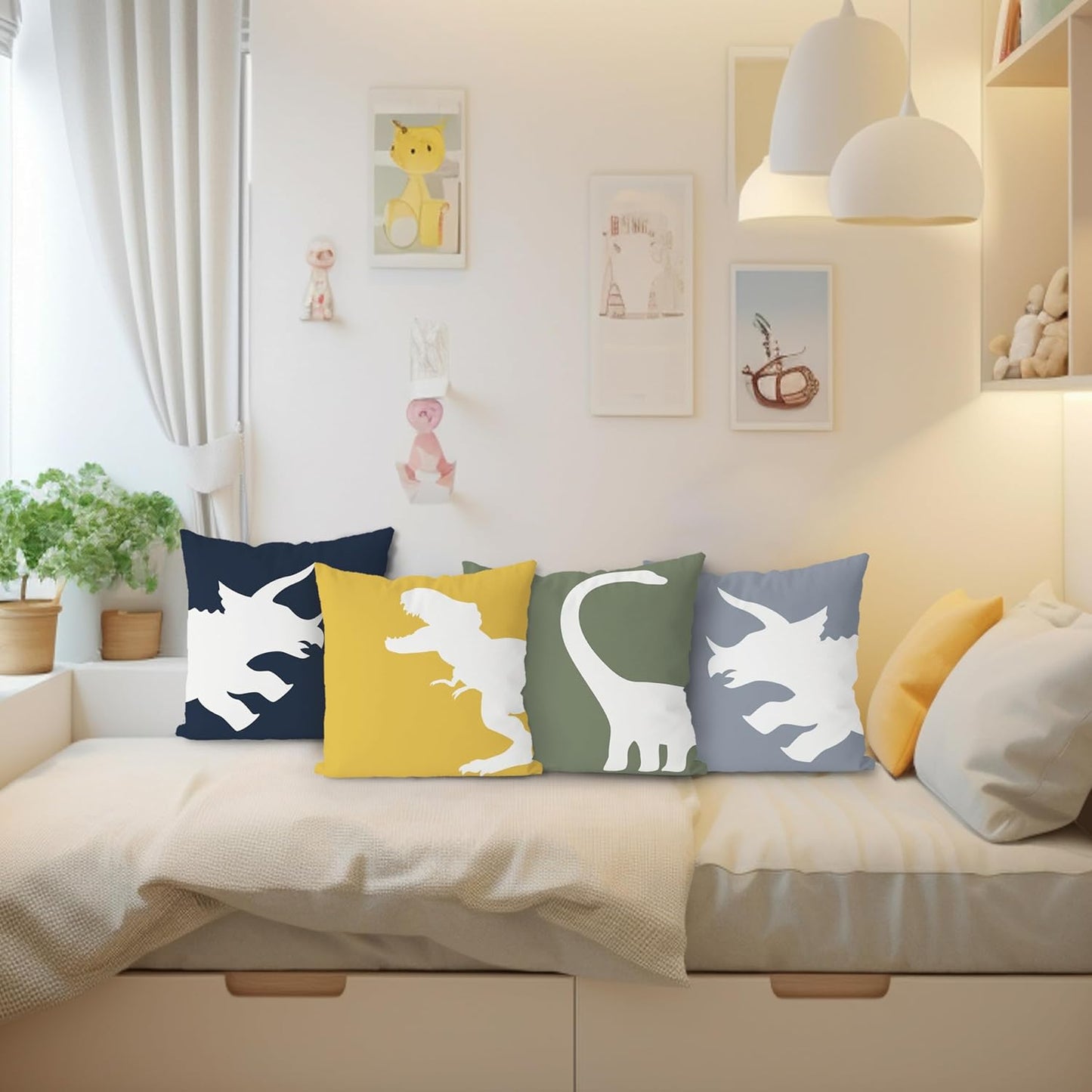 KEUSPI Cartoon Dinosaur Dino T-Rex Throw Pillow Covers,Dinosaur Throw Pillow Covers 18×18 Inch Set of 4,Home Boys Room Kids Room Playroom Nursery Decor,Dinosaur Lover Gifts for Boys Kids