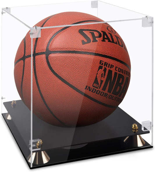 Basketball Display Case Acrylic Clear 11.8 Inch for Full Size Autographed Ball, UV Protected Memorabilia Showcase with Solid Wood Base - Signed Soccer Gift Box for Collectibles