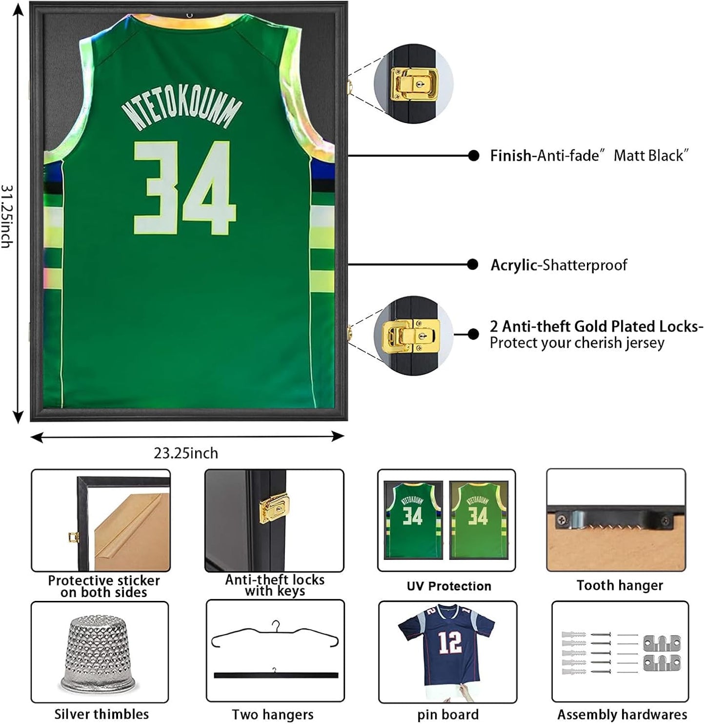 IHEIPYE Jersey Frame Display Case 6 Pack - Large Sport Jersey Shadow Box with 98% UV Protection Acrylic for Baseball, Basketball, Football, Soccer, Hockey, Shirt and Uniform