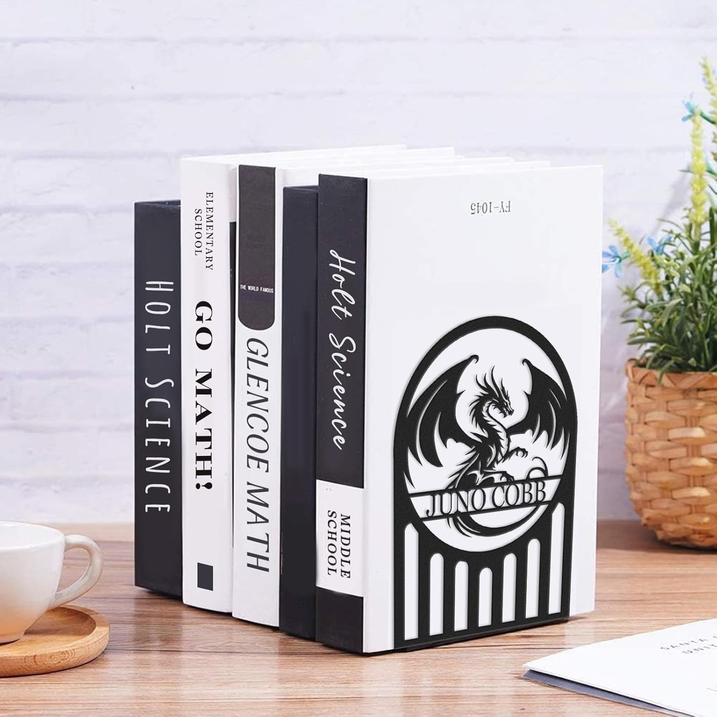 Personalized Dragon Book Ends 2 Pcs, Metal Bookends for Shelves, Custom Heavy Duty Bookends with Name, Dragon Bookshelf Decor, Book Organizer for Desk, Black Book Holders for Home Office