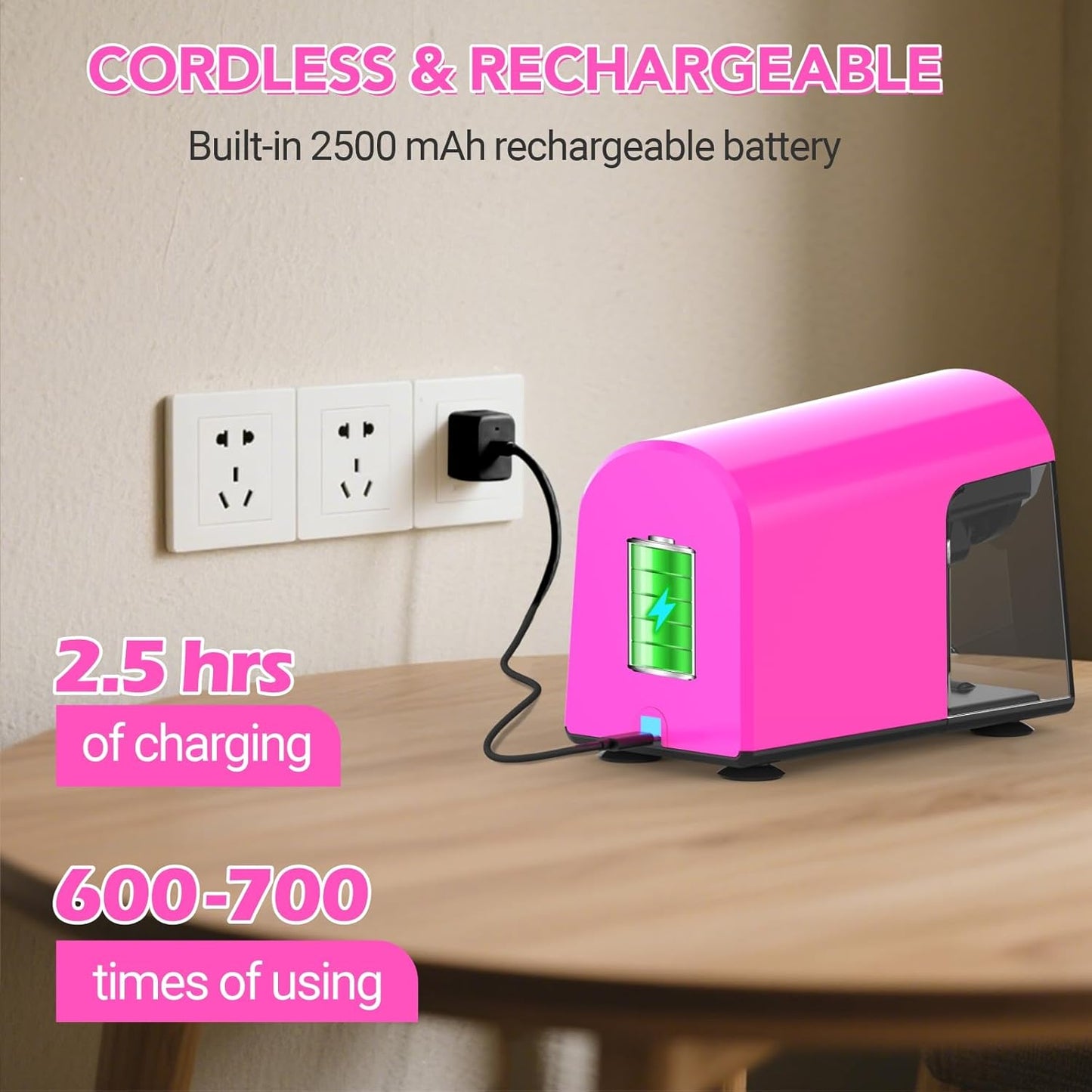 AFMAT PSD2 Electric Pencil Sharpener Heavy Duty, 6 Holes, Cordless & Rechargeable, Fast Sharpen, Auto Stop, 10K+ Uses, Classroom Pencil Sharpener for 6-11mm No.2/Large/Colored Pencils, Pink