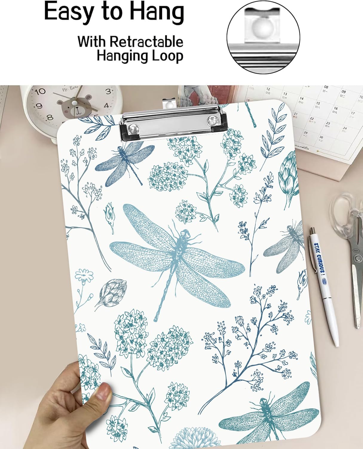 Fashion A4 Clipboard, Standard Letter Size 9" x 12.5", Decorative Wooden Clipboard with Low Profile Metal Clip for Office, School, Teachers, and Students, Dragonfly Flower