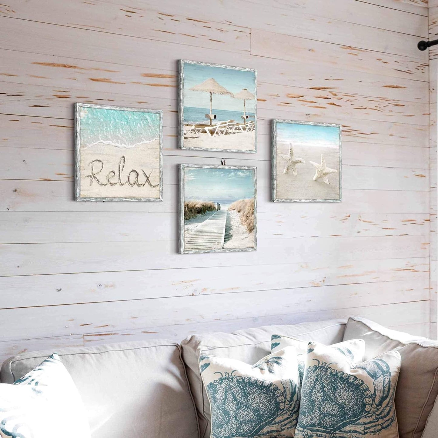 Coastal Framed Wood Wall Art: Beach Picture Seascape Artwork Seaside Prints Starfish Boardwalk Art Collection Wall Decor Set of 4 for Bedroom