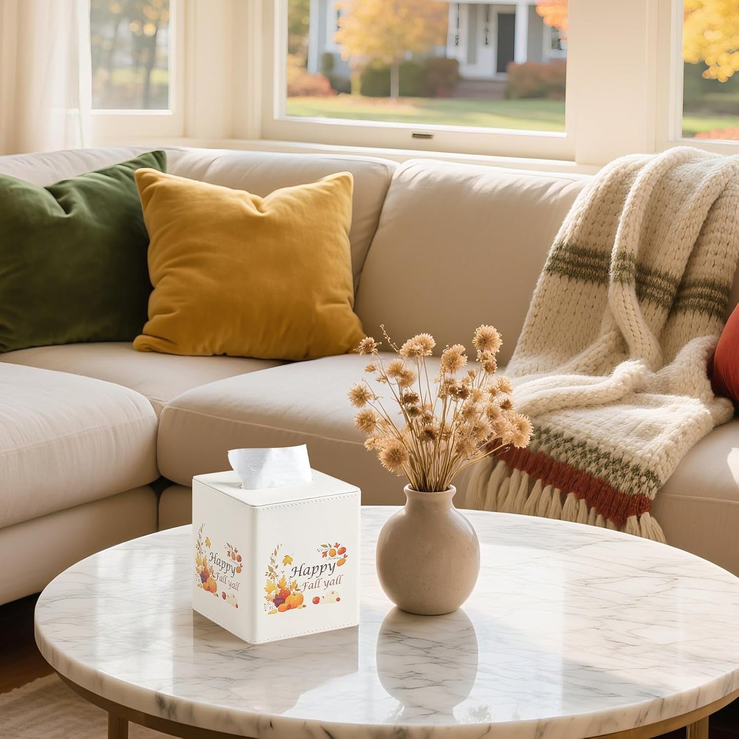 Fall Decor Tissue Box Cover, PU Leather Tissue Box Holder with Magnetic Closure for Home, Square Tissue Holder for Harvest Autumn Season Halloween Thanksgiving