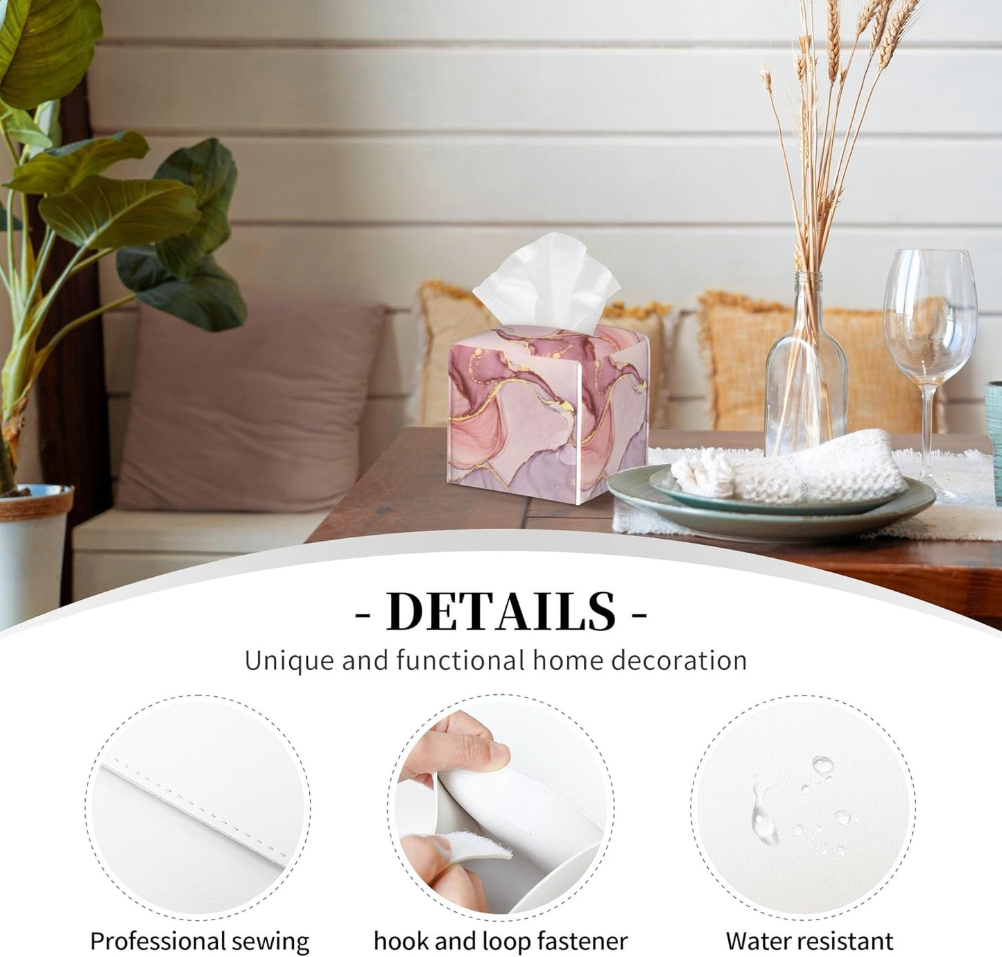 Pink Gold Liquid Marble Tissue Box Cover Square,Modern Marble Texture Tissue Box Holder Waterproof Leather Facial Paper Organizer Dispenser for Bathroom Home Car Nightstand Vanity Desk