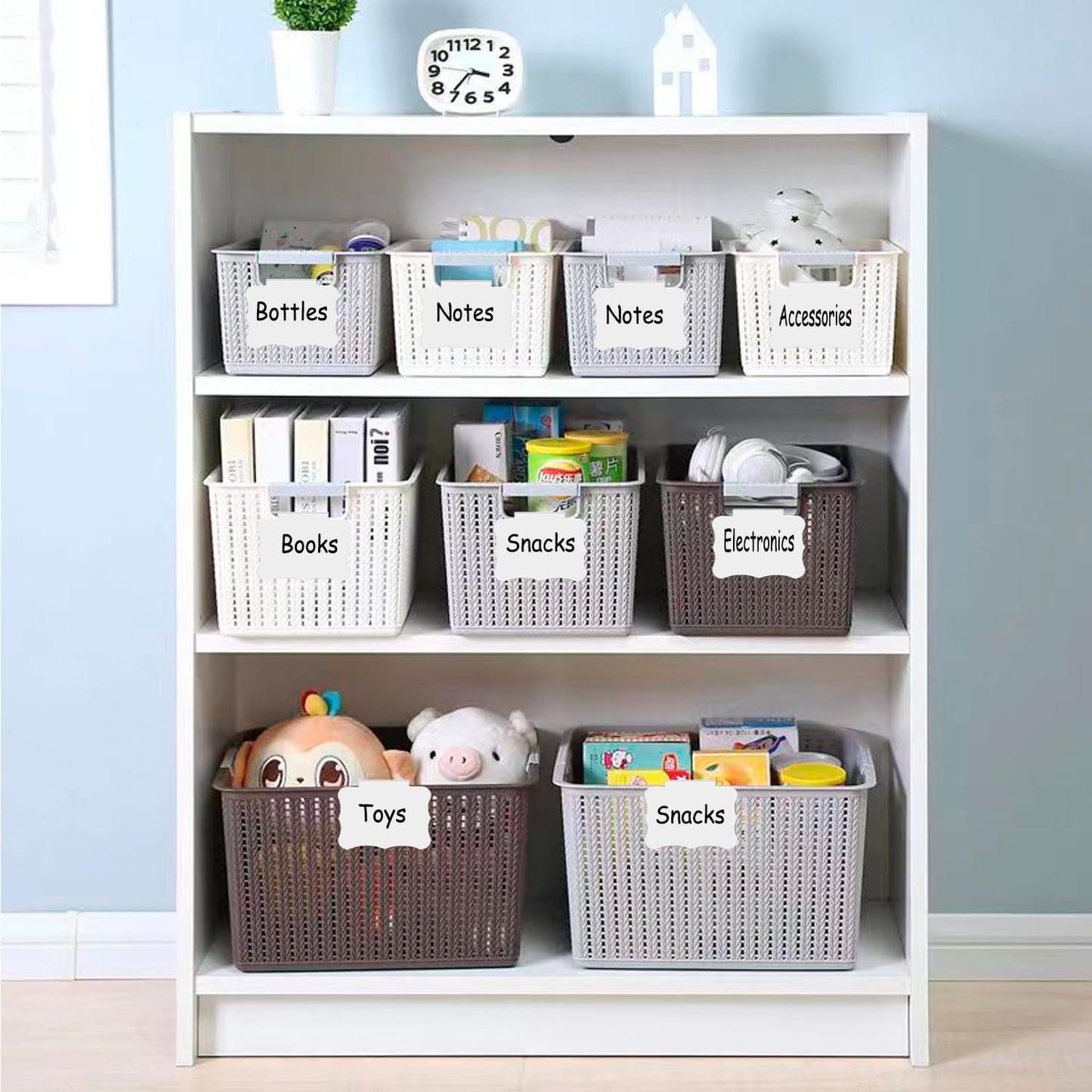 Basket Labels Clip, Include 20 Kitchen Clip Label Holder Removable PVC Bin with 2 Chalk Marker for Basket Pantry Organization -White