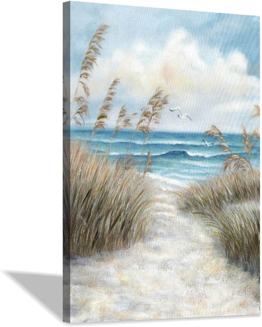Abstract Beach Picture Wall Art: Sandy Path to Ocean with Sea Grass Artwork Painting for Bedroom (45'' x 30'' x 1 Panel)