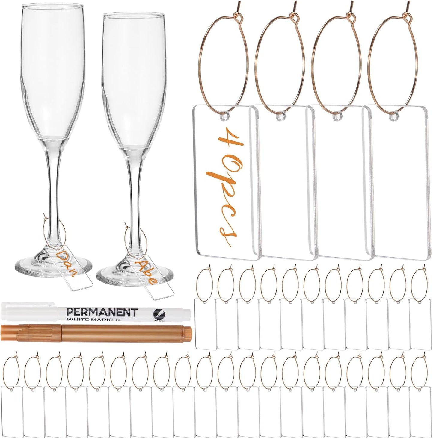 Tondiamo 40 Pcs DIY Wine Charms for Glasses Acrylic Wine Charms with Rings Tags Marker Pen Blank Glass Labels Bulk for Stem Cocktail Champagne Wedding Dinner Party Favor
