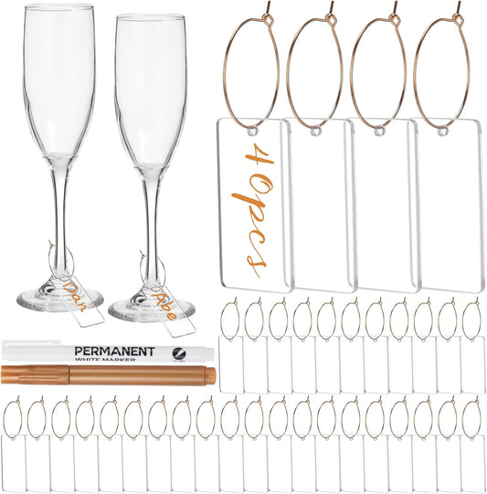 Tondiamo 40 Pcs DIY Wine Charms for Glasses Acrylic Wine Charms with Rings Tags Marker Pen Blank Glass Labels Bulk for Stem Cocktail Champagne Wedding Dinner Party Favor