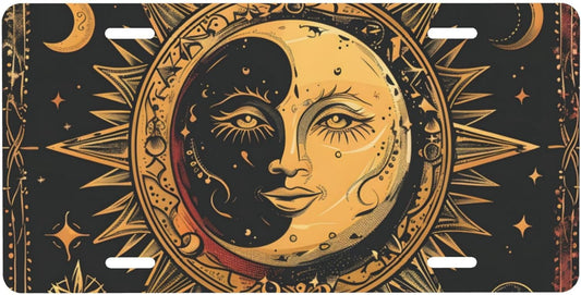 Front License Plate for Car Designs Ethnic Retro Sun Moon Stainless License Plate Cover Holder for Men Women Metal Aluminum Decorative Accessory Vanity Tag Standard 6 X 12 Inch (4 Holes)