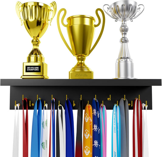 EVERMORE Medal Hanger Display and Trophy Shelf with Hooks - Wooden Medal Holder for Wall Mount Ribbon Display, Trophy Display Shelf for Gymnastics, Soccer, Running Race Medals Awards Rack