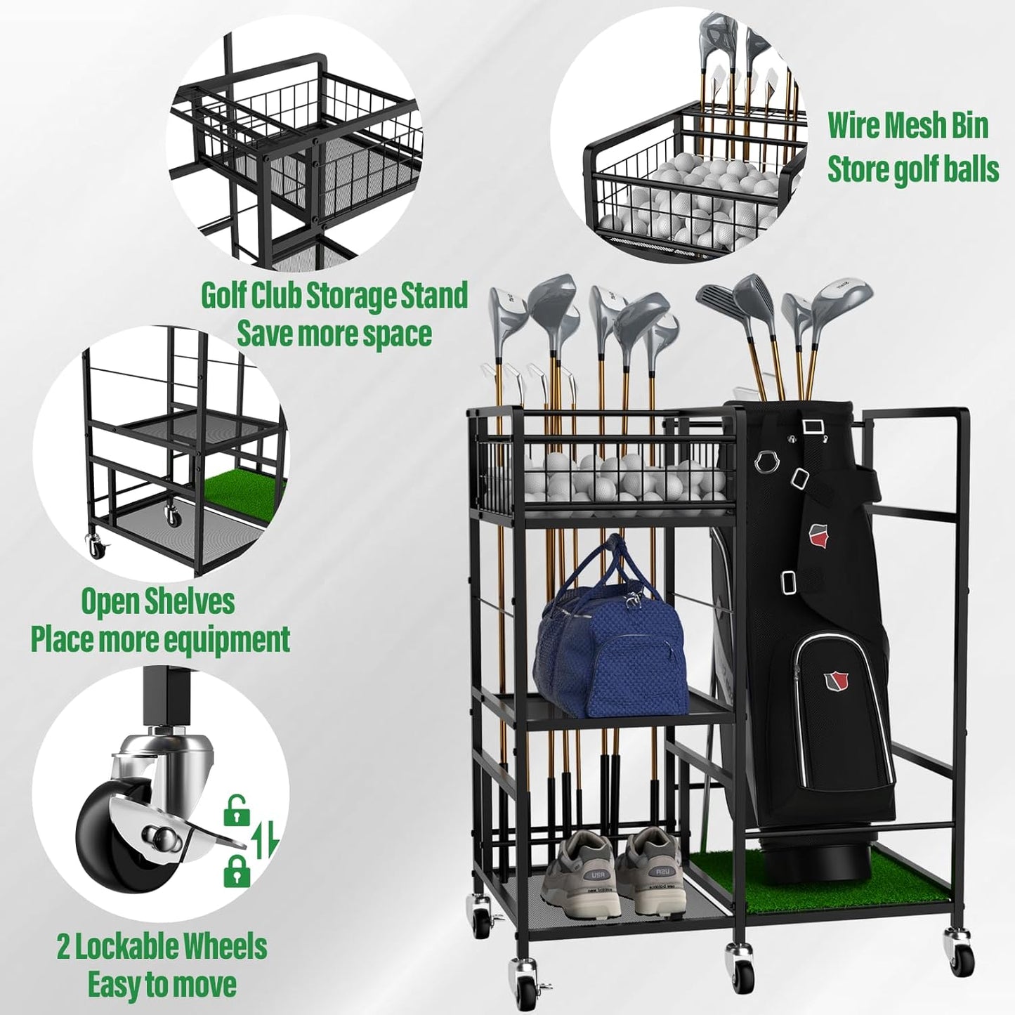 Golf Bag Organizer Rack Golf Club Storage Organizer for Garage Metal Golf Club Holder with Wheels 3 Tier Golf Bag Stand for Club, Balls, Shed and Basement, Black