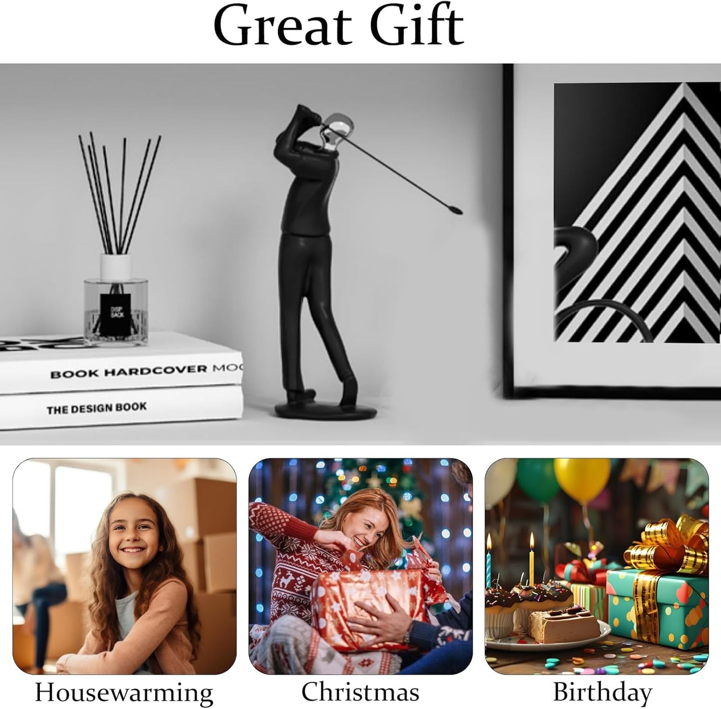 4×3×12" Modern Golf Figurine Statue – Elegant Polyresin Golfer Sculpture for Home Decor – Black Geometric Luxury Art for Living Room, Wine Cabinet, Office – Minimalist Modern Decorative Gift